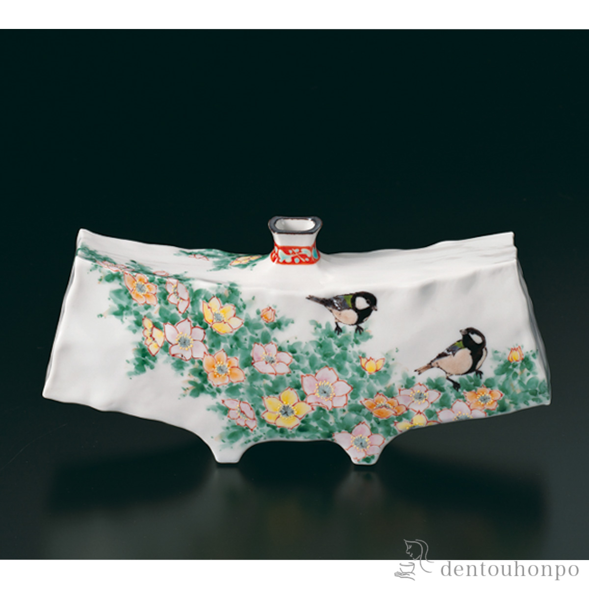 【送料無料】扁壺 バラに四十雀 8号≪在庫確認後、1~3営業日で出荷≫ ( 木箱名入れ有料 木札名入れ有料 ガラス フラワーベース 花器 一輪挿し おすすめ 九谷焼 )