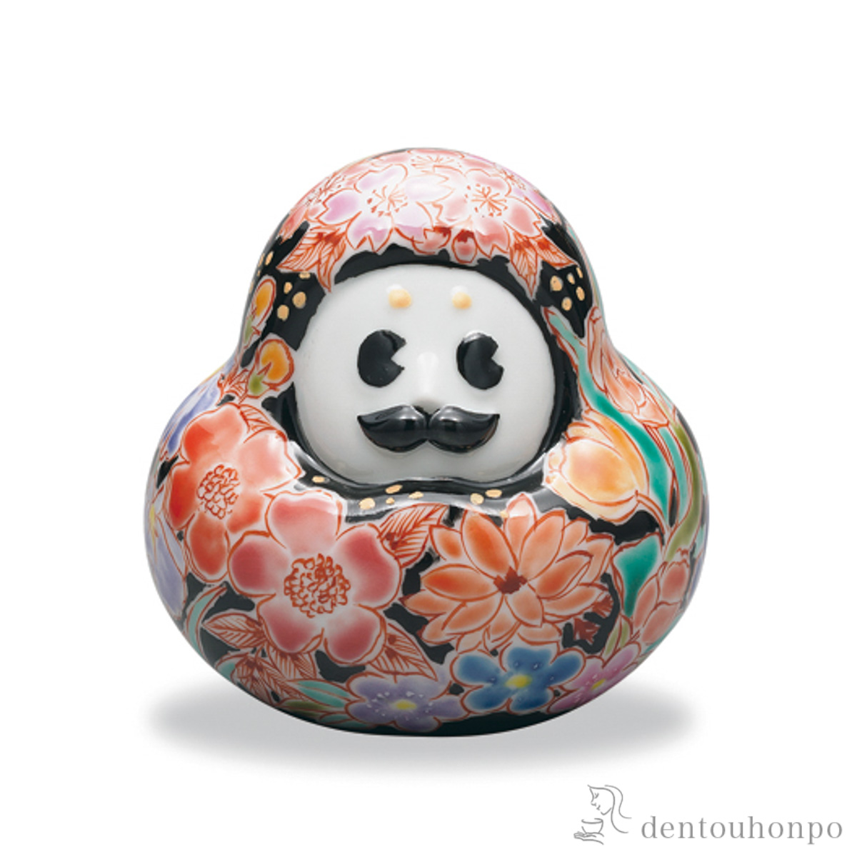 【送料無料】九谷焼置物 ひゃくまんさん 黒地花詰≪在庫確認後、1~3営業日で出荷≫ ( 木札名入れ有料 置物 幸運 風水 縁起物 人気 九谷焼 )