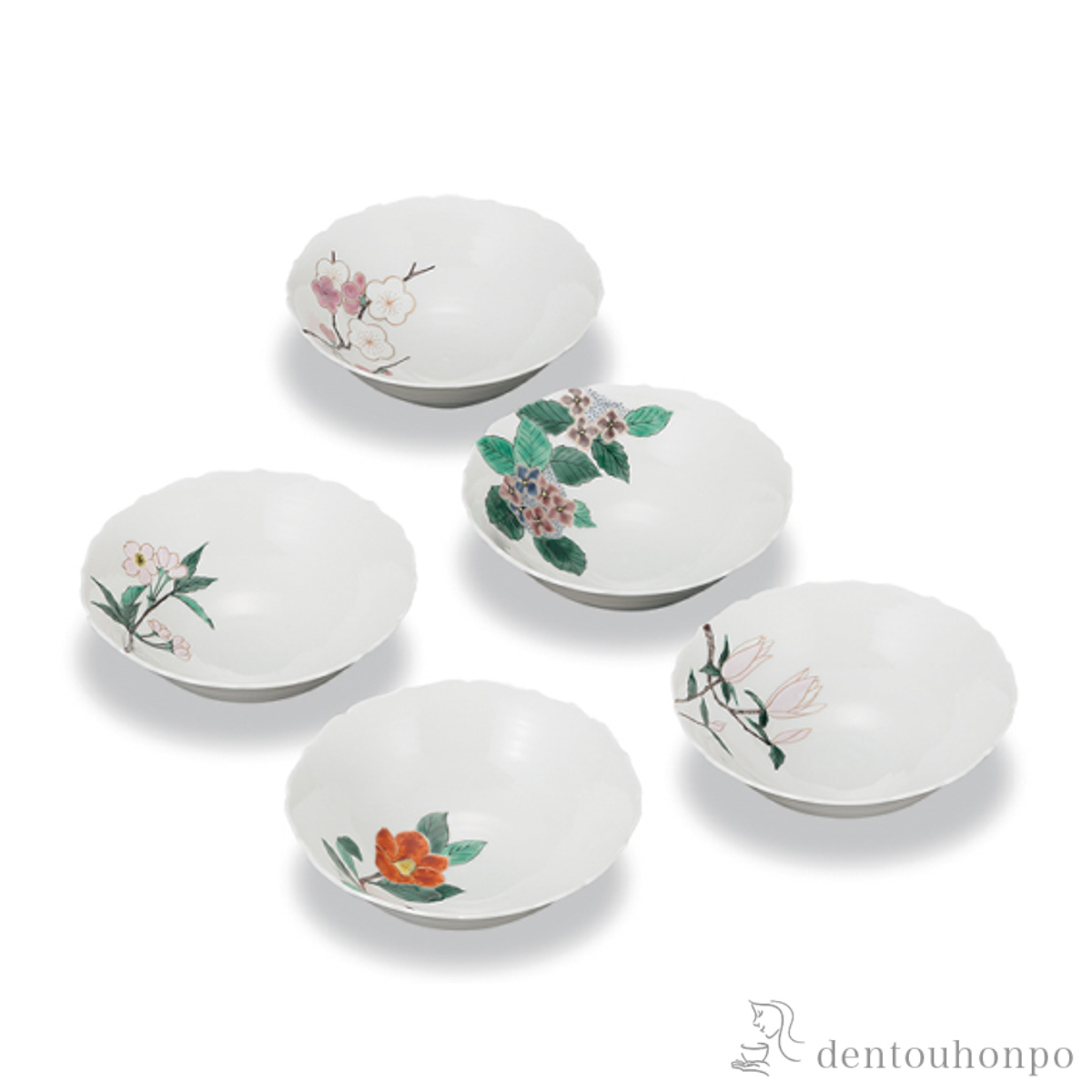 【送料無料】鉢揃 絵変り四季の花 5枚セット≪在庫確認後、1~3営業日で出荷≫ ( 和食 食器 おつまみ 朝食 料理 九谷焼 )