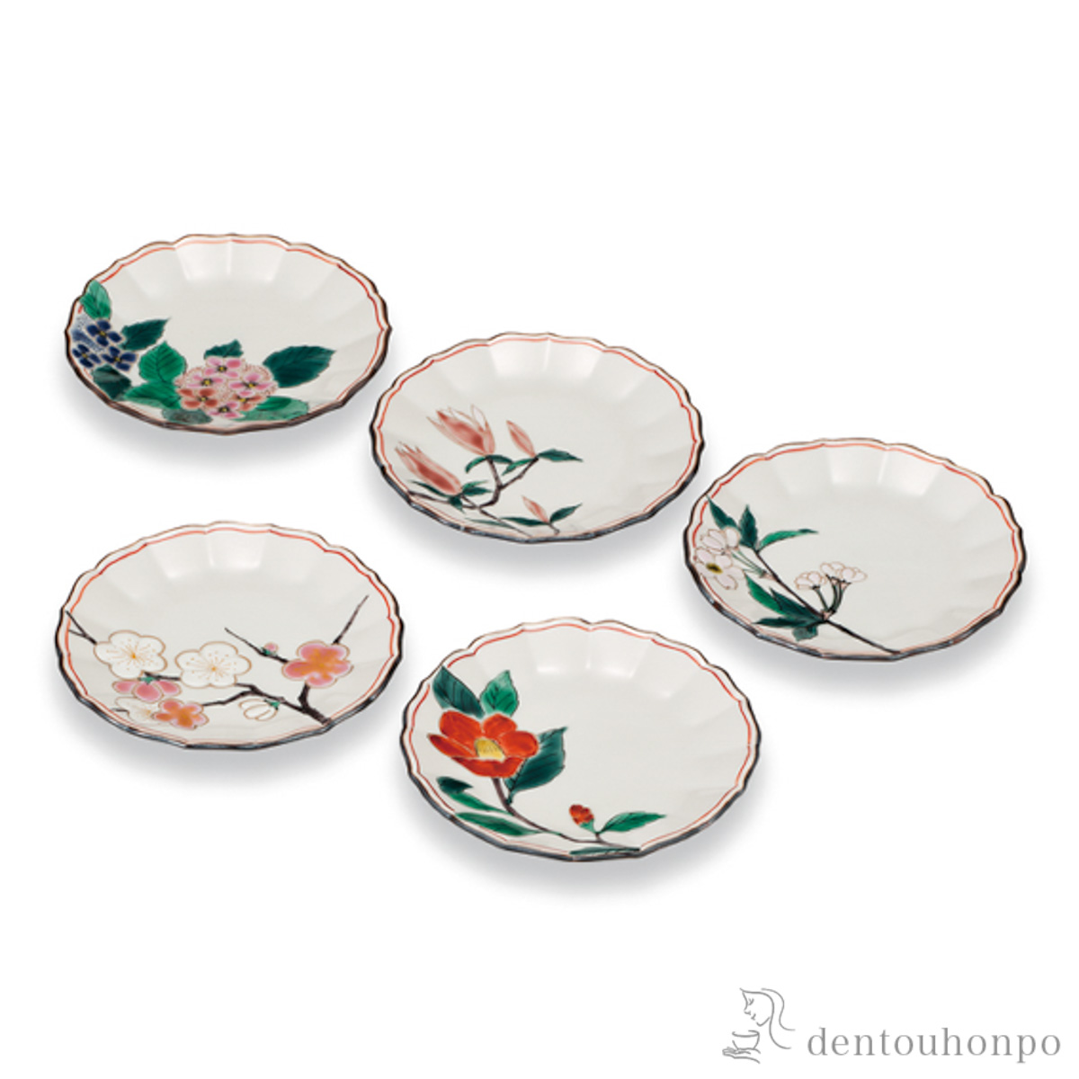 【送料無料】皿揃 絵変り四季の花 3号 5枚セット≪在庫確認後、1~3営業日で出荷≫ ( 和食器セット お皿 揃える 食器 和食 九谷焼 )