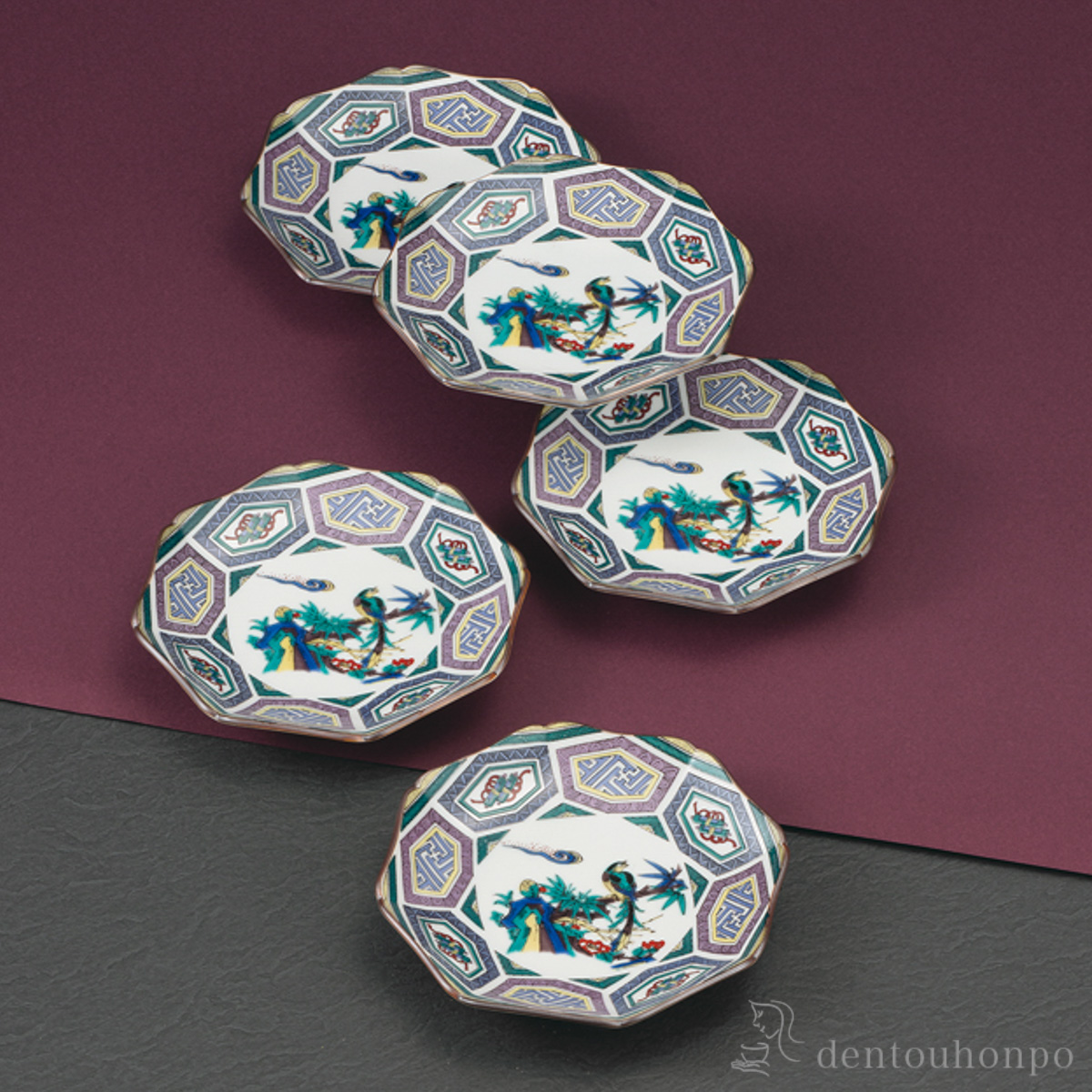 【送料無料】皿揃 尾長鳥 5号 5枚セット≪在庫確認後、1~3営業日で出荷≫ ( 和食器セット お皿 揃える 食器 和食 九谷焼 )