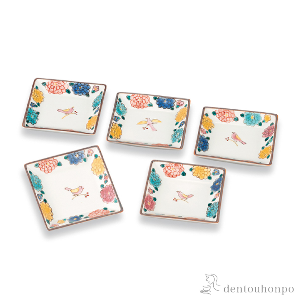【送料無料】皿揃 小鳥とマリーゴールド 3号 5枚セット≪在庫確認後、1~3営業日で出荷≫ ( 和食器セット お皿 揃える 食器 和食 九谷焼 )