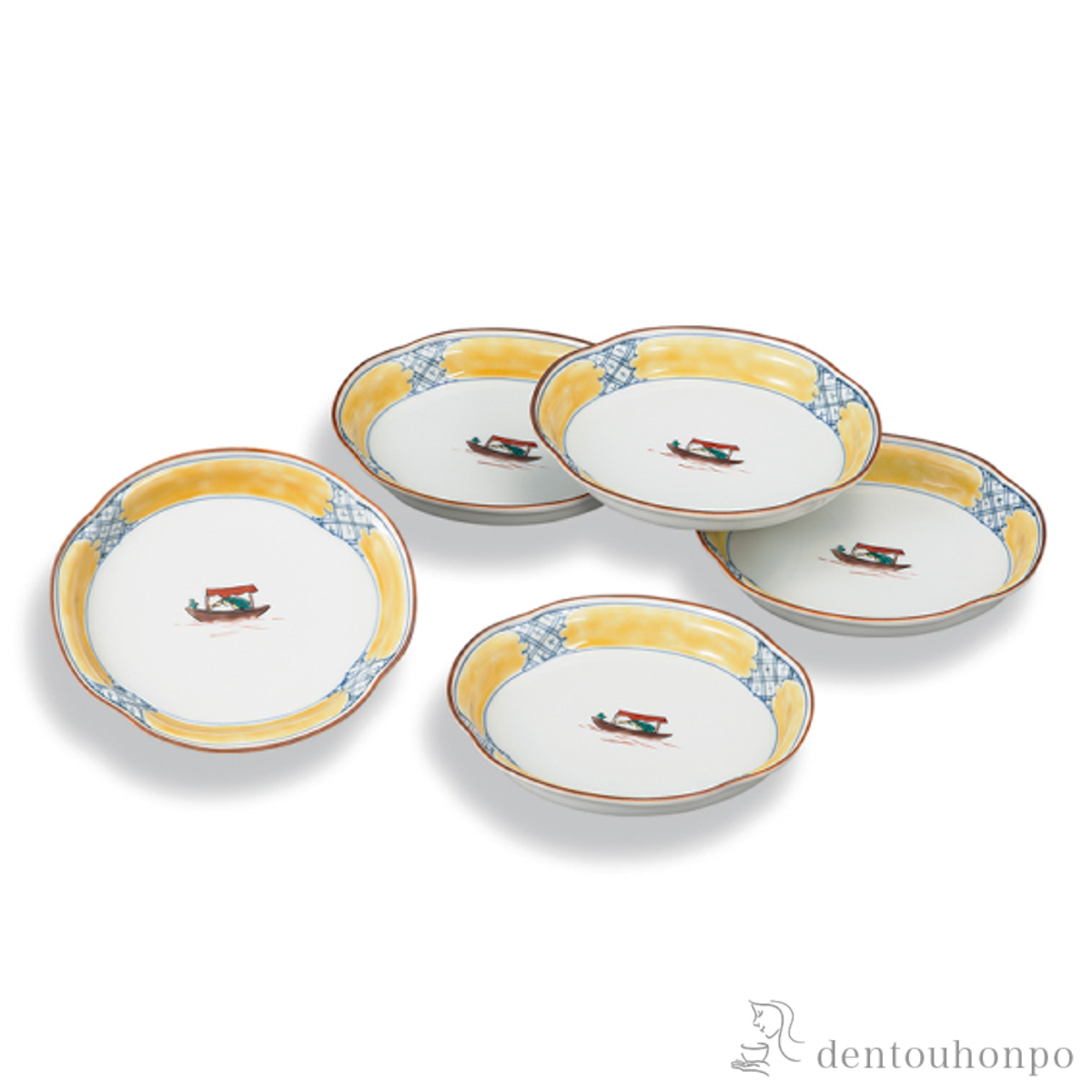 【送料無料】ツバ型皿揃 屋形船 5枚セット≪在庫確認後、1~3営業日で出荷≫ ( 和食器セット お皿 揃える 食器 和食 九谷焼 )