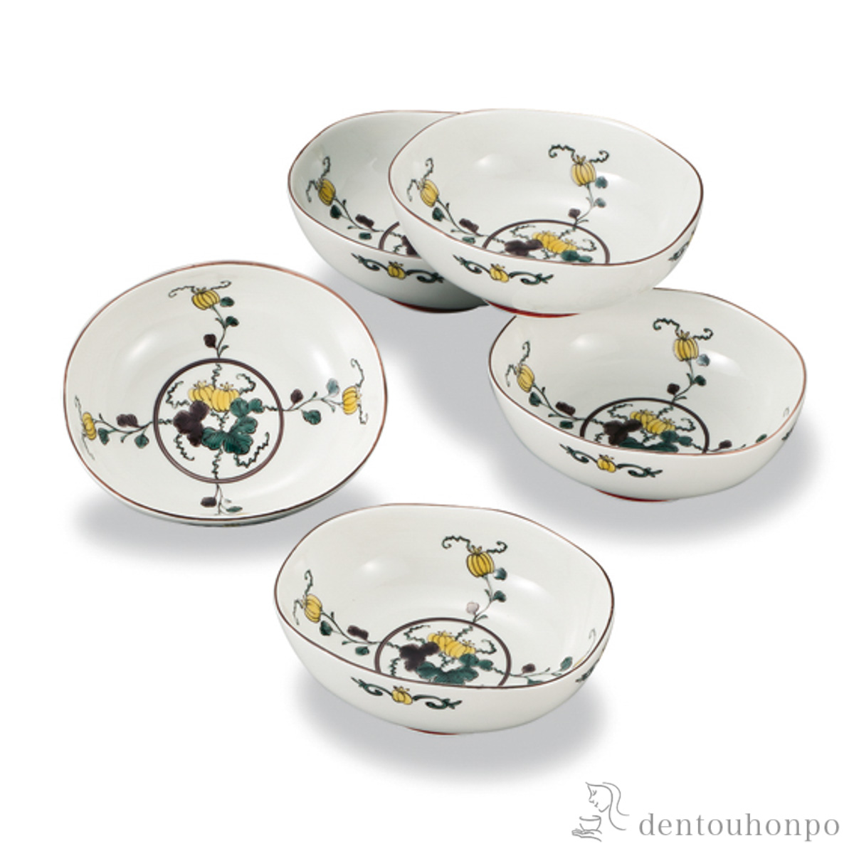 【送料無料】小鉢揃 色絵瓜文 4.6号 5枚セット≪在庫確認後、1~3営業日で出荷≫ ( 和食 食器 おつまみ 朝食 料理 九谷焼 )