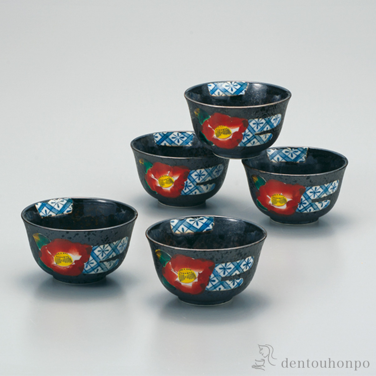 【送料無料】汲出揃 黒紬山茶花 5客セット≪在庫確認後、1~3営業日で出荷≫ ( 茶器セット 急須 湯呑み 日本茶 中国茶 九谷焼 )