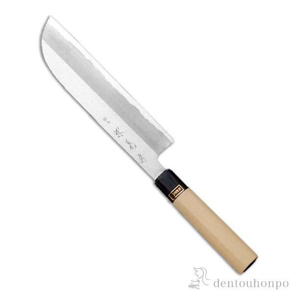 【送料無料】和包丁 堺菊守 銀３（水牛柄） 鎌型薄刃 195mm 1本 名入れ彫刻無料≪在庫確認後、7営業日程で出荷≫ ( 切れ味 ナイフ 庖丁 人気 おすすめ 堺打刃物 )