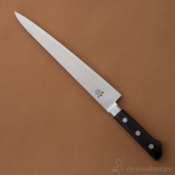 【送料無料】洋包丁 堺菊守 SKKバナジウム鋼（口金付） 筋引 240mm 1本 名入れ彫刻無料≪在庫確認後、4~7営業日程で出荷≫ ( 切れ味 ナイフ 庖丁 人気 おすすめ 堺打刃物 )