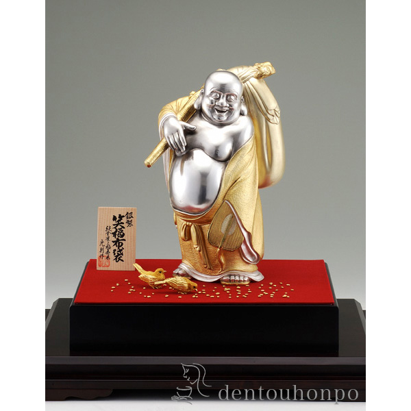 【送料無料】純金／純銀 笑福布袋 純金 雀、福寿米 76g≪注文後に商品取り寄せ、後日納期連絡致します≫ ( 光則（金工芸） 木札名入れ有料 恵比寿 大黒 宝船 置物 幸運 東京銀器（金工芸） )