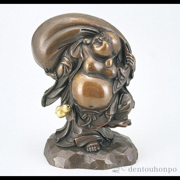 【送料無料】銅製 福寿布袋 山吹色≪在庫確認後、1~3営業日で出荷≫ ( 木札名入れ有料 恵比寿 大黒 宝船 置物 幸運 高岡銅器 )