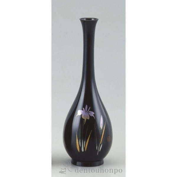【送料無料】銅製花瓶 蒔絵 鶴首 アヤメ 8号≪13時までのご注文即日発送(5／7以降)≫ ( あすつく 木札名入れ有料 初任給 プレゼント 母の日 花瓶 フラワーベース 花器 仏間 おすすめ 高岡銅器 )