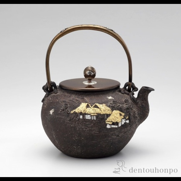 【送料無料】亀文堂写鉄瓶 象嵌入 田舎山水 1.5Ｌ≪約半年で出荷予定≫ ( 茶道具 茶の湯 抹茶 鉄分摂取 湯沸かし 高岡銅器 )