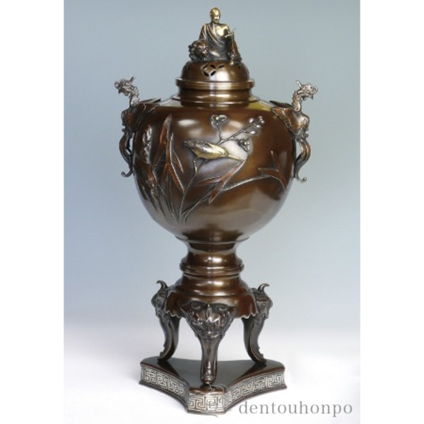 【送料無料】銅製 獅子足川蝉羅漢蓋香炉≪在庫確認後、1~3営業日で出荷≫ ( お香 線香 リラックス 仏具 人気 高岡銅器 )