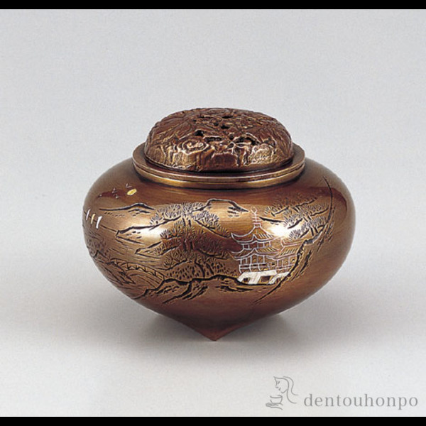 【送料無料】銅製 平型楼閣山水香炉 山吹色≪在庫確認後、1~3営業日で出荷≫ ( お香 線香 リラックス 仏具 人気 高岡銅器 )