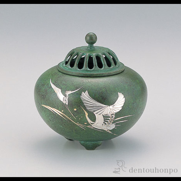 【送料無料】銅製 平丸香炉 波鶴≪在庫確認後、1~3営業日で出荷≫ ( お香 線香 リラックス 仏具 人気 高岡銅器 )