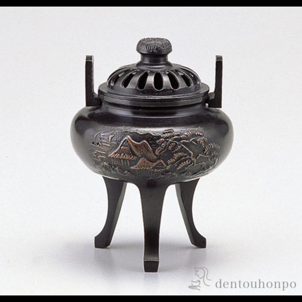 【送料無料】銅製 菊蓋山水香炉≪在庫確認後、1~3営業日で出荷≫ ( お香 線香 リラックス 仏具 人気 高岡銅器 )