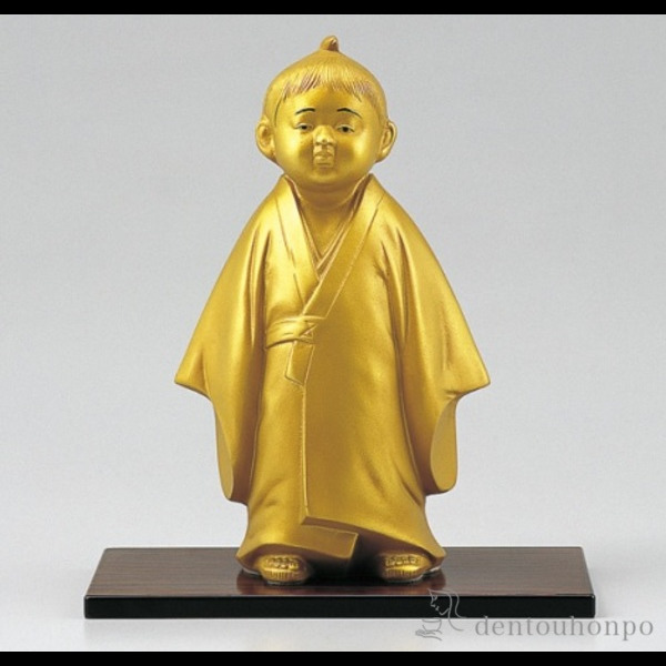 【送料無料】無我童子 鉄製 金色仕上げ 大 台付き≪在庫確認後、1~3営業日で出荷≫ ( 木札名入れ有料 置物 玄関 受付 幸運 風水 高岡銅器 )