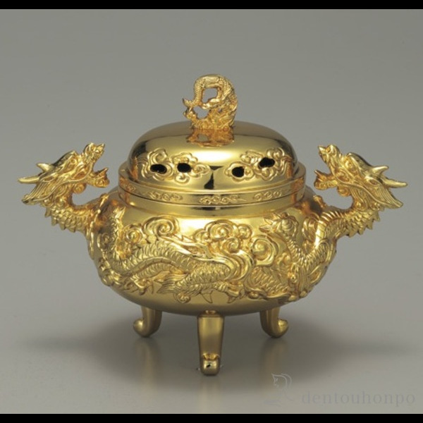 【送料無料】龍神香炉 純金メッキ 台付き≪在庫確認後、1~3営業日で出荷≫ ( 退職祝い 定年 お香 線香 リラックス 仏具 人気 高岡銅器 )