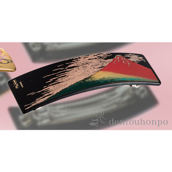 漆芸バレッタ長角 赤富士 黒 大≪在庫確認後、1~3営業日で出荷≫ ( 髪留め 留袖 和装 おしゃれ 日本製 山中漆器 )