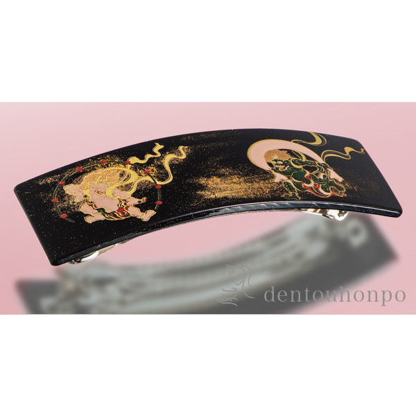 漆芸バレッタ長角 風神雷神 黒 大≪在庫確認後、1~3営業日で出荷≫ ( 退職祝い 定年 髪留め 留袖 和装 おしゃれ 日本製 山中漆器 )