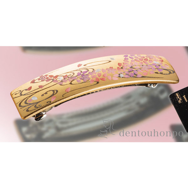 漆芸バレッタ長角 舞桜 金 桐箱入り≪在庫確認後、1~3営業日で出荷≫ ( 木箱名入れ有料 退職祝い 定年 髪留め 留袖 和装 おしゃれ 日本製 山中漆器 )