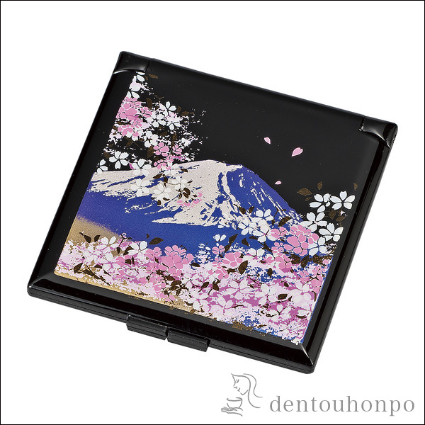 ミニコンパクト 富士桜≪在庫確認後、1~3営業日で出荷≫ ( 名入れ有料 退職祝い 定年 ハンドミラー コンパクト お土産 記念品 アンティーク 山中漆器 )