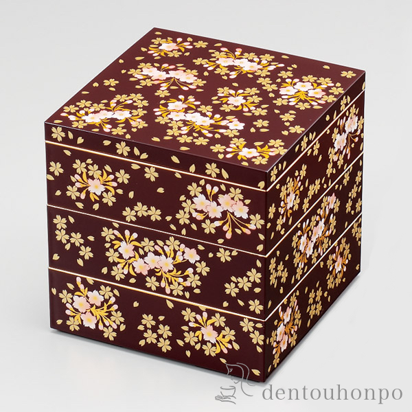 三段重 桜づくし 溜 5寸≪13時までのご注文即日発送(休業日を除く)≫ ( あすつく お正月 新年 おせち 運動会 漆塗り お正月 人気 山中漆器 )