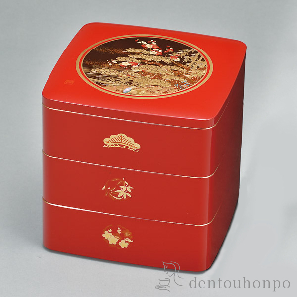 都三段重 松竹梅 赤 5寸≪在庫確認後、1~3営業日で出荷≫ ( お正月 新年 おせち 運動会 漆塗り お正月 人気 山中漆器 )