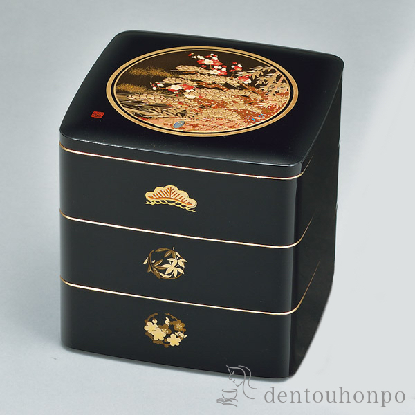 【送料無料】都三段重 松竹梅 黒 6寸≪在庫確認後、1~3営業日で出荷≫ ( お正月 新年 おせち 運動会 漆塗り お正月 人気 山中漆器 )