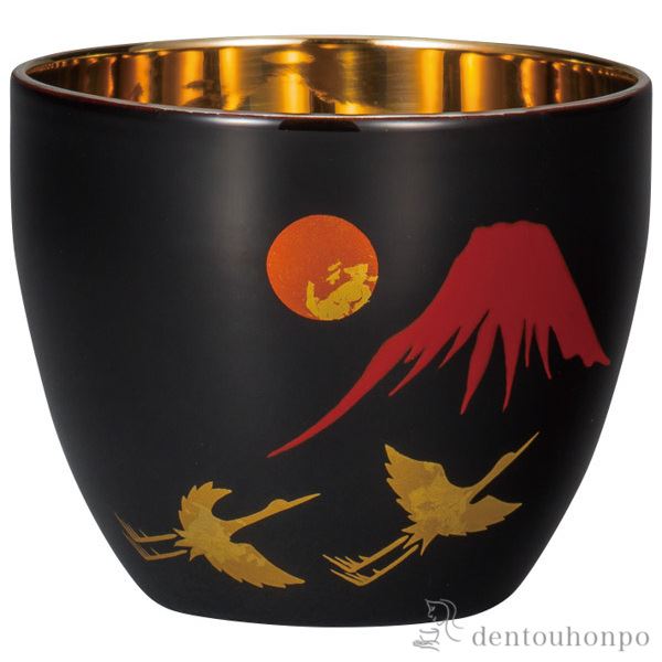 【送料無料】漆磨2重ぐい呑み　手描き 富士に鶴 1個≪在庫確認後、1~3営業日で出荷≫ ( 漆磨 ぐいのみ 盃 酒器 日本酒 保冷 保温 山中漆器 )