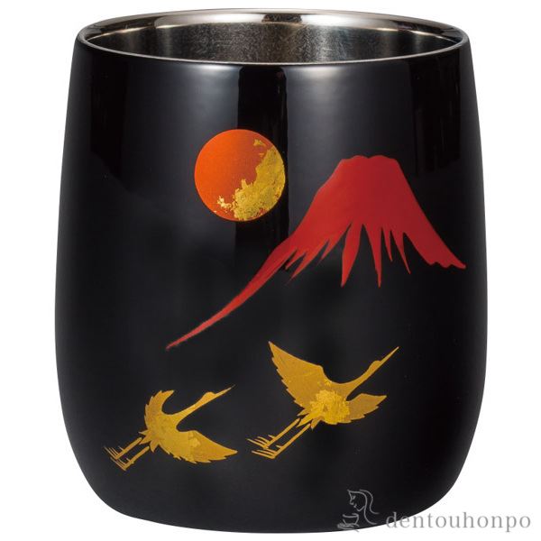 【送料無料】漆磨2重ダルマカップ　手描き 富士に鶴≪在庫確認後、1~3営業日で出荷≫ ( 漆磨 焼酎カップ ビールカップ 保温 保冷 人気 山中漆器 )