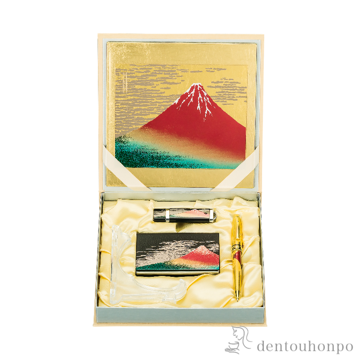 【送料無料】ステーショナリーセット 赤富士　金 5点セット≪在庫確認後、1~3営業日で出荷≫ ( 名入れ有料 マウスパッド USBカード ボールペン お土産 おすすめ 山中漆器 )