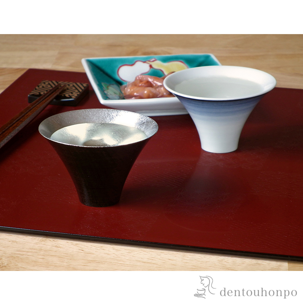 【送料無料】山中塗と九谷焼 ぐい呑みセット 神代内銀箔 染かすみ≪在庫確認後、7営業日程で出荷≫ ( ぐいのみ 盃 酒器 猪口 日本酒 山中漆器 )