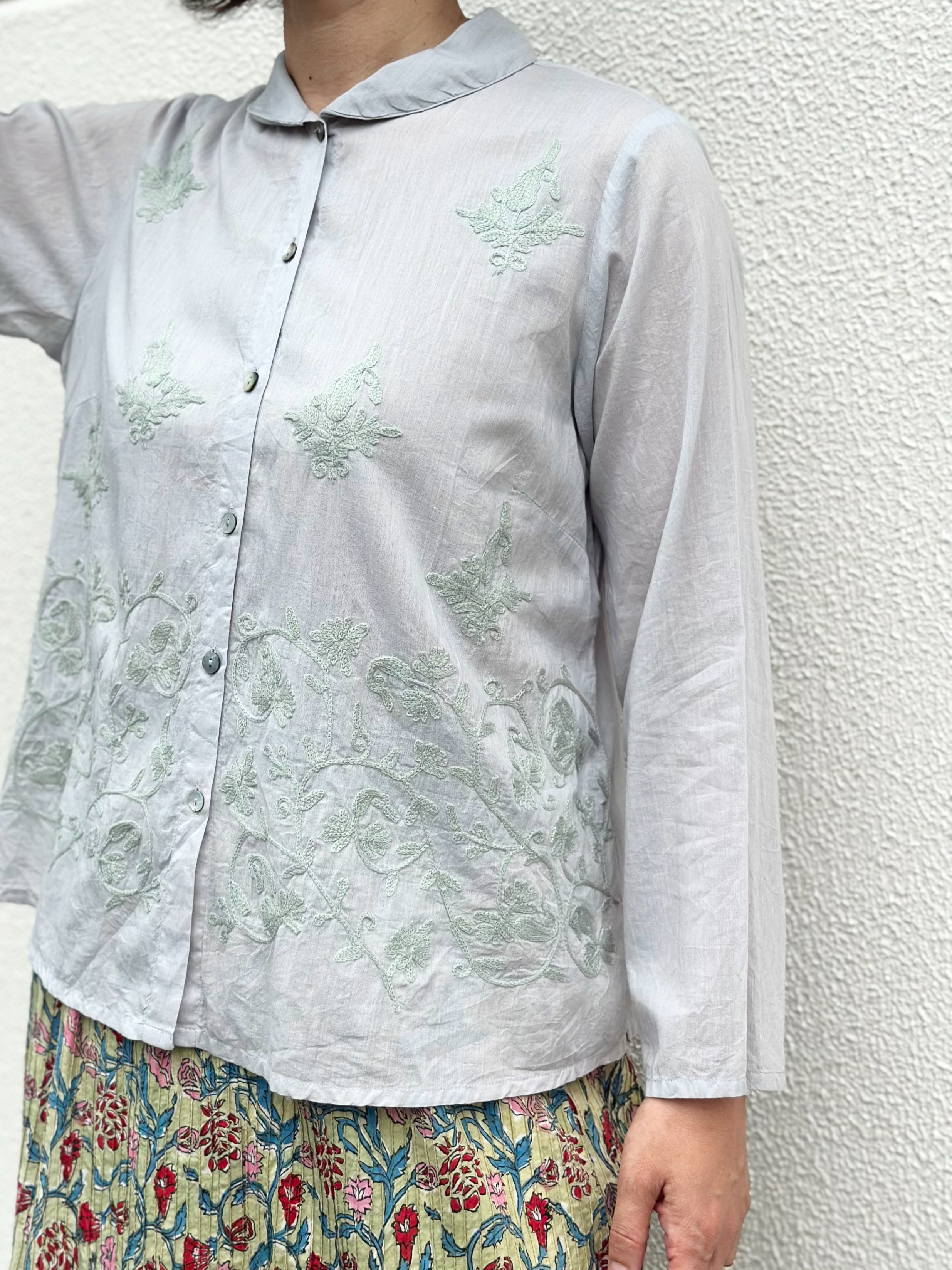 ペーズリー 刺繍 オープンブラウス　トップス　前開き　無地　長袖　5FB051