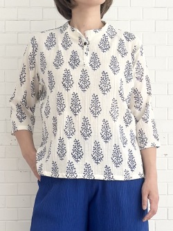 ブロックプリント ベーリングツリー　ワンボタンブラウス　トップス　七分袖　長袖　柄　5HB060
