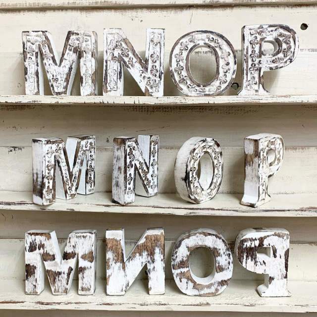 木製 アルファベット MNOP ホワイト 木彫 オブジェ 英字 英語