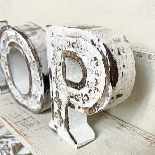 木製 アルファベット MNOP ホワイト 木彫 オブジェ 英字 英語