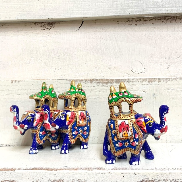 インド　ドクラアート　象　置物 ゾウ 象 インド象 置物 陶器 籠 幸運 縁起物 幸せ ブルー