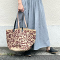 ヘンプ　麻BAG　ブロックプリント　エンジ　ショルダー　革　丸底　大きめ　たっぷり　大容量　エスニック　アジアン　雑貨　バッグ　194B00003