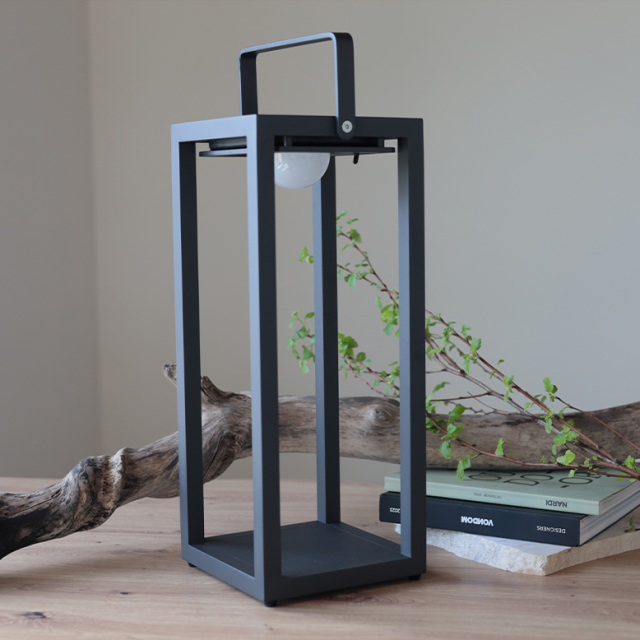 大きい流木や数冊の本が置かれたテーブルの上に置かれているリヒトルクスフロアブラック