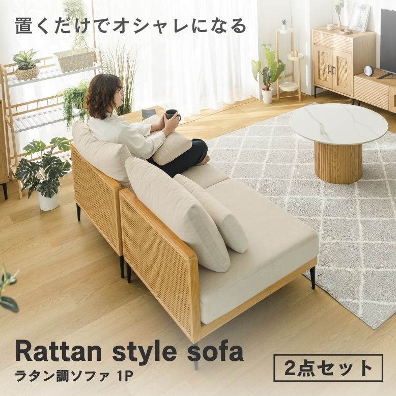 ラタン調1Pソファー2点セット【大型宅配便】