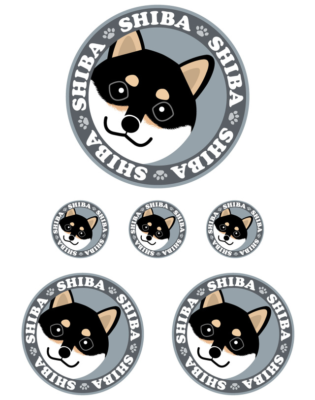 見つめる 柴犬 ［黒］ 柴 ステッカー 丸型 L + M +SSサイズ 【6枚 セット】 MK-3