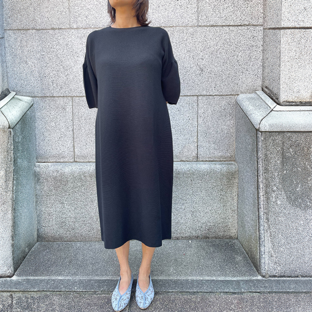 五泉ニット ふんわり袖 ワンピース 半袖 ミドル丈 UVカット