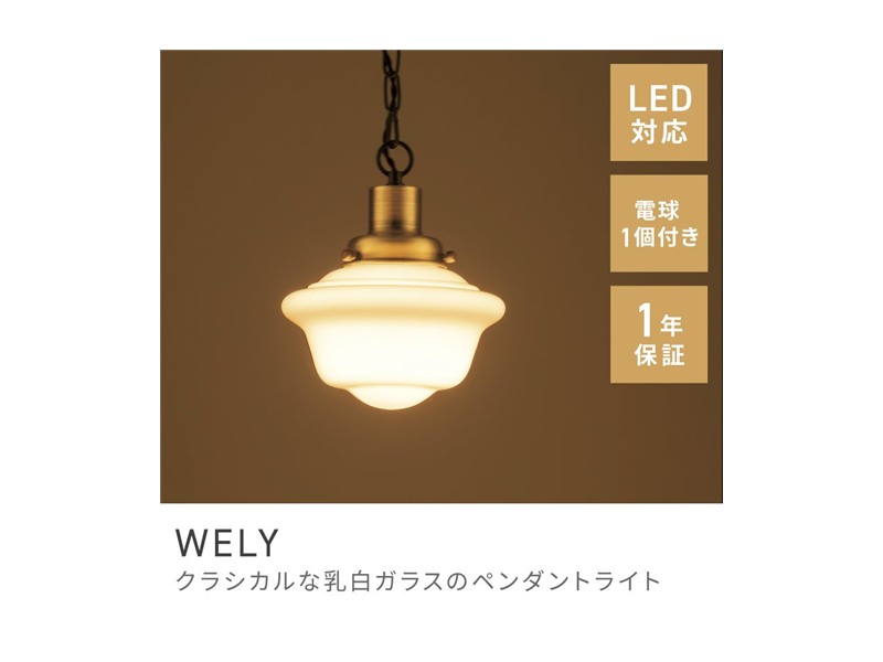 照明 ライト LED対応 1灯 電球付き ペンダントライト 吊り下げ ガラス WELY