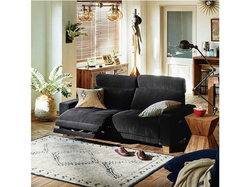 グリード 3人掛け リクライニングソファ コーデュロイ ブラック 《大型商品》