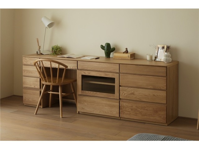 ASTER アスター DESK SET11 オーク (210天板 + 30チェスト + 60デスク + 60ガラス扉 + 60チェスト) ※チェア別売