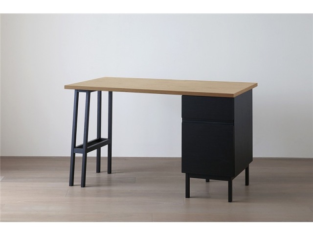 PLAIN DESK プレーンデスク SET6 オーダー突板天板 (幅120cm奥行 70cm) + 片脚パーツ 天板奥行き55cm～70cm用 + 35 チェストパーツ 天板奥行き55cm～70cm用 (突板天 オーク + 脚・チェスト オーク黒塗装)