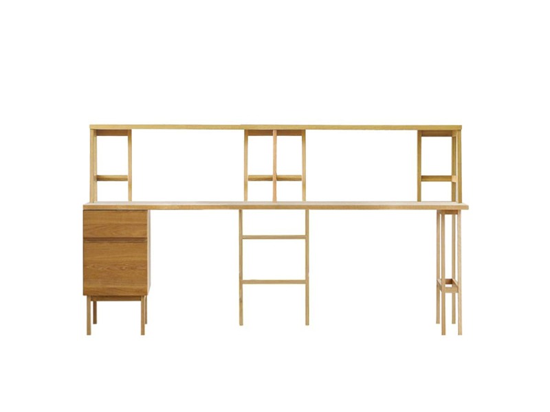PLAIN DESK プレーンデスク SET14 オーダー突板天板 (幅210cm奥行55cm) + 35チェストパーツ 天板奥行き55cm～70cm用 + 中脚パーツ + 片脚パーツ 天板奥行き55cm～70cm用 + オーダー上置きタイプA 幅210cm