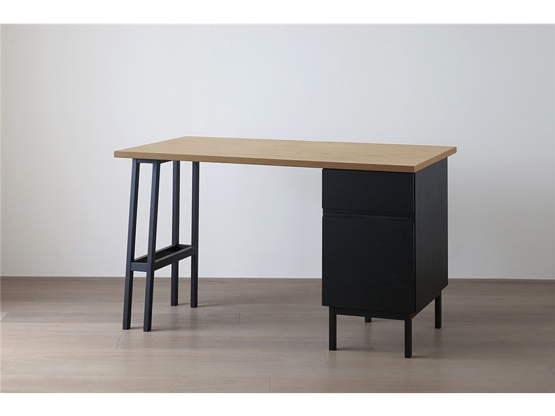 PLAIN DESK プレーンデスク SET6 オーダー突板天板 (幅120cm奥行 70cm) + 片脚パーツ 天板奥行き55cm～70cm用 + 35 チェストパーツ 天板奥行き55cm～70cm用 (突板天 オーク + 脚・チェスト オーク黒塗装)