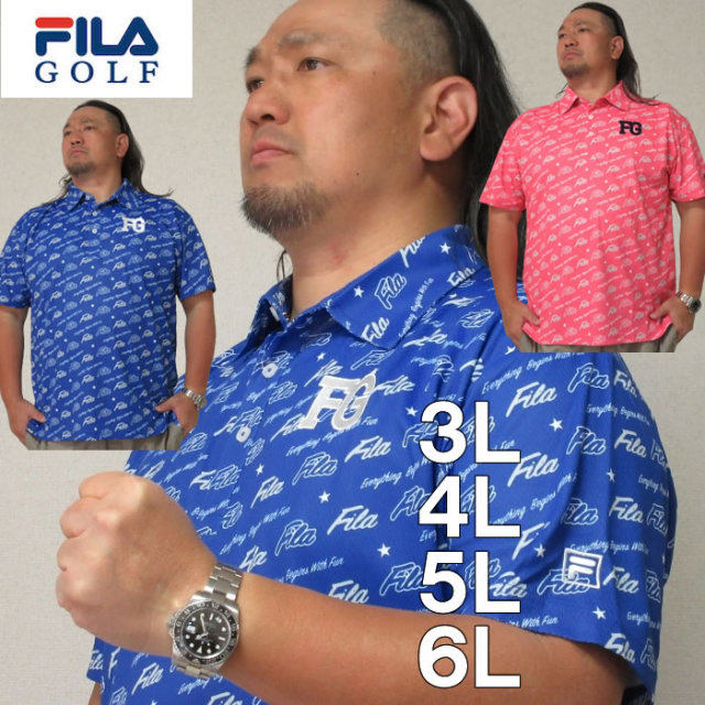 大きいサイズ キングサイズ ビッグサイズ メンズ FILA GOLF-ロゴグラフィックプリントホリゾンタルカラー半袖シャツ（メーカー取寄）フィラゴルフ 3L 4L 5L 6L　ゴルフシャツ ブランド 服 おしゃれ カジュアル デビルーズ