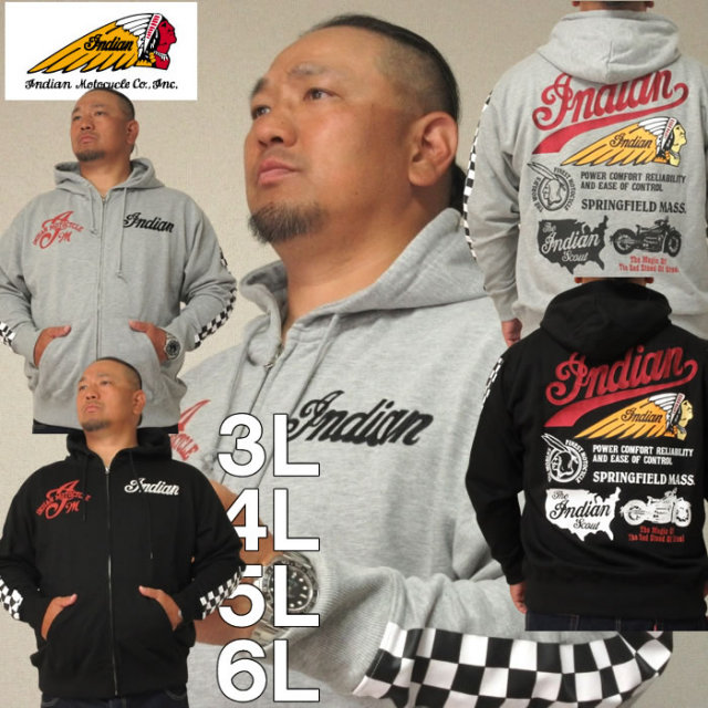 大きいサイズ キングサイズ ビッグサイズ メンズ INDIAN MOTOCYCLE-裏毛刺繍&プリントフルジップパーカー（メーカー取寄）インディアンモトサイクル 3L 4L 5L 6L ブランド 服 おしゃれ カジュアル デビルーズ